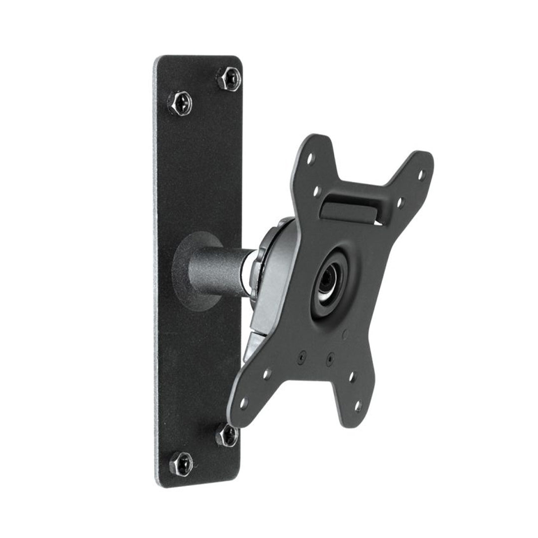 Adjustable monitor bracket for secure VESA mounting (75x75mm, 100x100mm), supports up to 25kg, with 20-degree movement with fasteners.